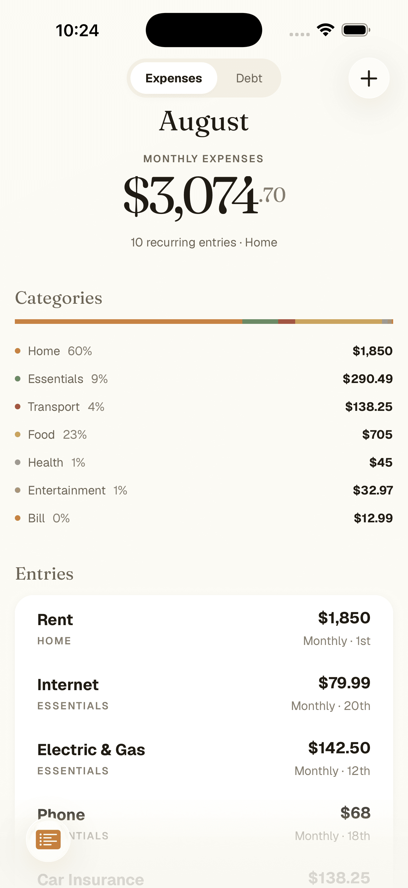The Spending screen: $3,074.70 of monthly expenses split by category, with the recurring entries listed below.